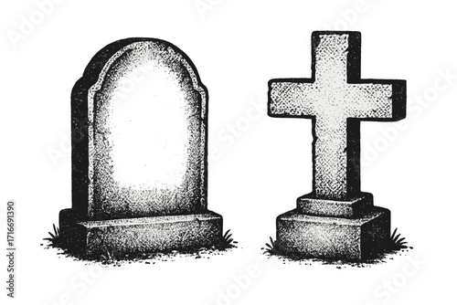 Vintage gravestone and cross illustration. Halftone dotted clipart of a tombstone and headstone for Halloween. Grunge style cemetery monument. Retro death memorial vector art.
