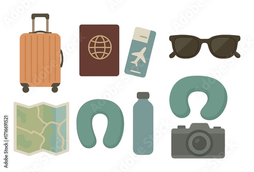 Essential travel items: luggage, passport, ticket, sunglasses, map, neck pillow, water bottle, camera