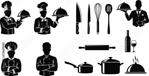 Chef silhouettes, kitchen tools, waiter icon, cooking vector, culinary art, cookware, wine glass, serving tray, restaurant, black graphic