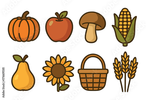 Autumn harvest icons featuring pumpkin, apple, mushroom, corn, pear, sunflower, basket, wheat