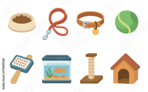Pet essentials collection: food, leash, collar, ball, litter box, fish tank, scratching post, dog house