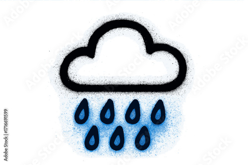 Spray painted graffiti cloud and rain icon. Street art weather symbol isolated on white. Urban aerosol art element with overspray effect. Black and blue dripping paint vector.