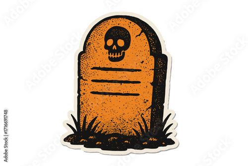 Halloween tombstone with skull. Vintage gravestone illustration in retro paper collage sticker style. Spooky horror concept for zine or party invitation. Grunge texture.
