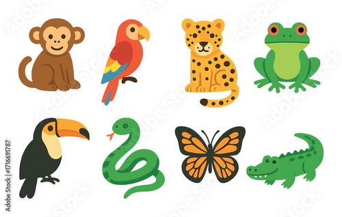 Colorful cartoon jungle animals: monkey, parrot, leopard, frog, toucan, snake, butterfly, crocodile