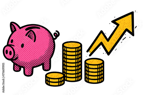 Saving money for investment concept. Piggy bank, coin stacks, and upward arrow showing financial growth, success, and profit. Retro halftone grunge design for business.