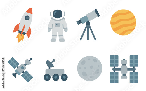 Colorful space icons: rocket, astronaut, telescope, planet, satellite, rover, moon, station