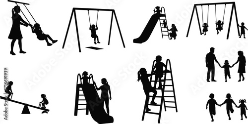 Children playground activities silhouette, kids sliding, swinging, playing with parents, family outdoor fun, childhood recreation park icons, happy lifestyle illustration