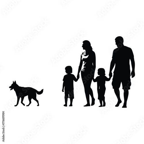 Family walking with dog parents children