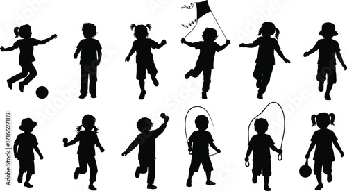 Children playing outdoor activities, kids silhouettes, sports, skipping rope, kite flying, ball games, playground fun, childhood recreation, active lifestyle illustration
