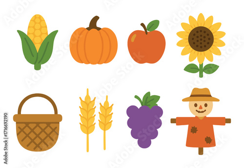 Vibrant autumn icons featuring corn pumpkin apple sunflower wheat and scarecrow