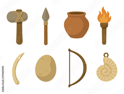 Ancient tools and symbols: primitive hammer, spear, pottery, torch, antler, stone, bow, ammonite