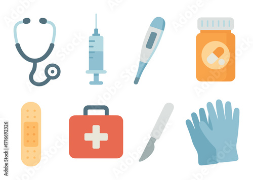 Medical equipment icons: stethoscope, syringe, thermometer, medication, bandage, first aid kit, scalpel, gloves