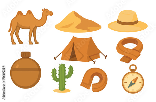 Desert adventure essentials: camel, tent, cactus, sand, scarf, compass, hat, canteen