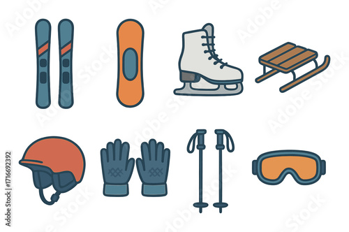 Winter sports equipment icons: skis, snowboard, ice skates, sled, helmet, gloves, poles, goggles
