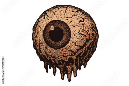 Melting horror eyeball with grunge texture. Halloween scary monster eye. Macabre surreal vintage illustration. Creepy spooky clipart for retro party design concepts. Cracked eyeball.