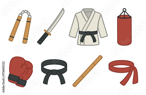 Martial arts equipment set featuring karate gi, nunchaku, katana, boxing gloves, and belt