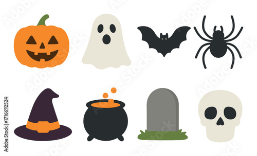 Halloween icons: pumpkin, ghost, bat, spider, witch hat, cauldron, tombstone, skull