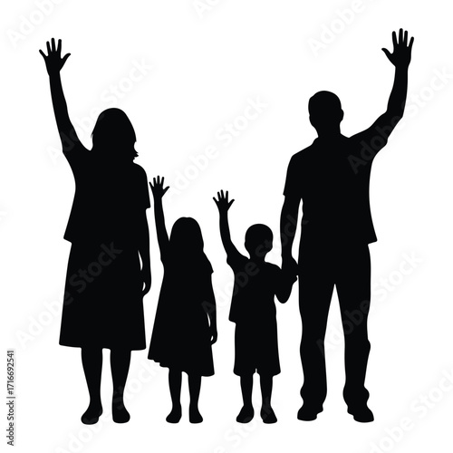 Family waving hands silhouette raised