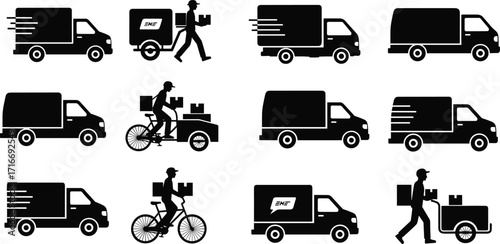 Delivery icons, logistics illustration, courier service, parcel shipping, truck, van, bicycle delivery, fast transport, package, freight, shipping service, express
