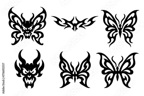 Y2K Neo-tribal tattoo set. Demon butterfly and dragon body ornament shapes. Vector collection of gothic tattoos. Abstract cyber sigil designs for body art. 2000s style.
