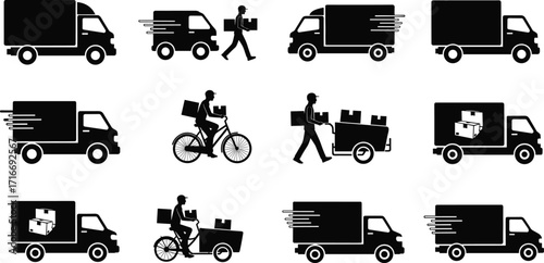 Delivery icons, cargo trucks, courier bicycles, package shipping, logistics service, transport vehicles, parcel delivery, moving vans, freight, shipping, silhouettes