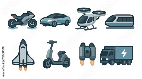 Futuristic transportation icons: motorbike, car, drone, train, rocket, scooter, jetpack, truck