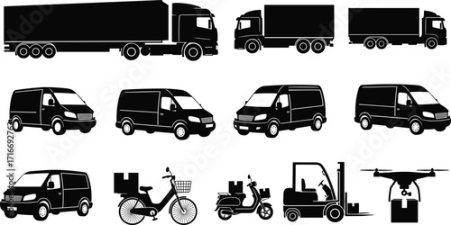 Delivery vehicle silhouette set, logistics icons, truck, van, scooter, drone, forklift, bicycle, transport, shipping, cargo, black figure, supply chain, courier, package, isolated,  