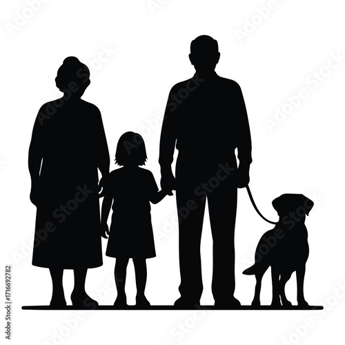 Family with dog silhouette people child
