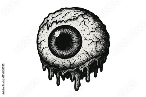 Scary zombie eyeball illustration. Halftone dotted texture for Halloween. Creepy monster eye dripping, vintage 90s grunge style vector art. Macabre horror clipart design.