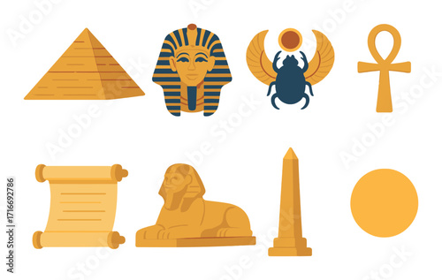 Ancient egyptian icons: pyramid, pharaoh, scarab, ankh, scroll, sphinx, obelisk, sun disc