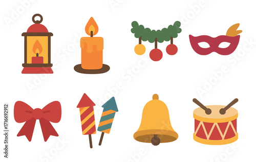 Festive holiday symbols: lantern, candle, garland, mask, bow, fireworks, bell, drum