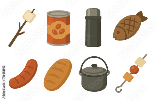Cartoon camping food and equipment: marshmallow, canned beans, thermos, fish, sausage, bread, pot, skewer