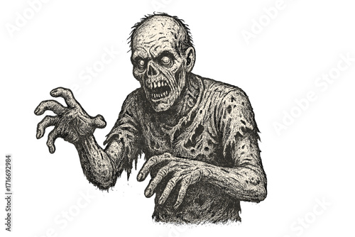 Scary zombie monster vector illustration for Halloween. Horror character in vintage 90s grunge style with halftone texture. Undead walking dead creature. Retro spooky clipart.