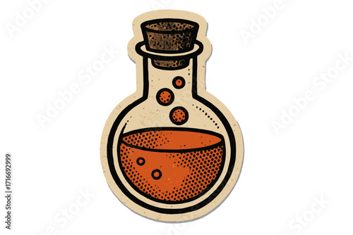 Magic potion bottle illustration. Vintage alchemy flask with bubbling orange liquid. Halloween witch elixir or poison concept. Retro lab glass for science experiment in zine style.