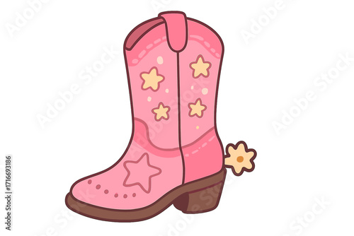 Pink cowgirl boot with star decor. Cute cartoon vector. Girly western fashion illustration. Country footwear accessory with flower spur. Isolated shoe graphic for party theme.