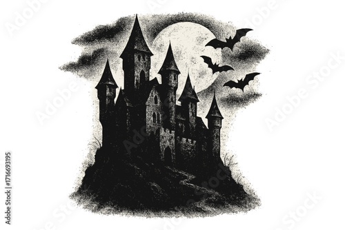 Dracula sinister castle. Halloween horror background. Spooky gothic fortress with bats and full moon. Vintage halftone texture. 90s grunge vector illustration for design.