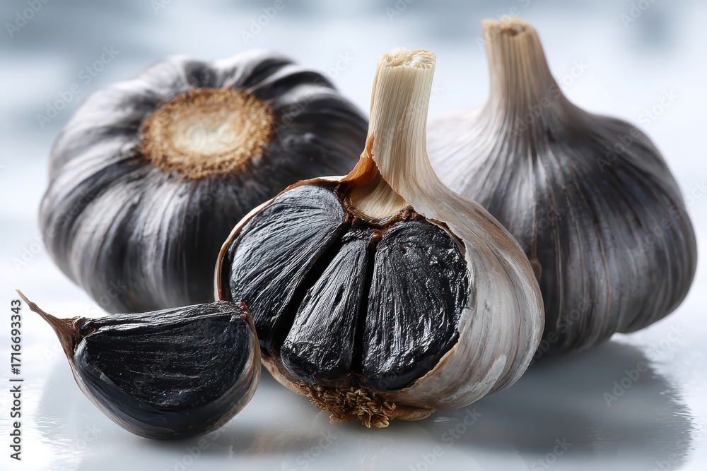Obraz premium Nutritious black garlic bulbs, one sliced open, revealing rich, dark cloves.