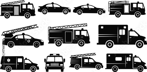 Emergency vehicle silhouettes, fire truck icons, ambulance vector, police car design, rescue transport set, emergency service vehicles, safety illustration, EMT icons