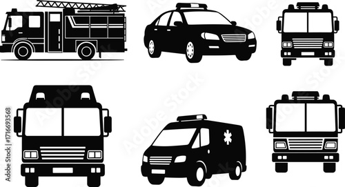 Emergency vehicle silhouettes, fire truck, ambulance, police car, rescue van, emergency transport, safety icons, vector black illustrations
