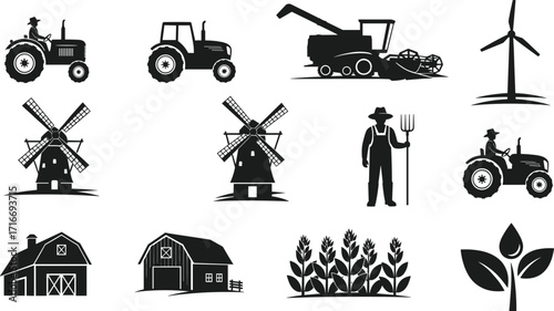 Farm agriculture silhouette icons, tractor vector, barn house, farmer with pitchfork, windmill illustration, crop field, eco leaf design