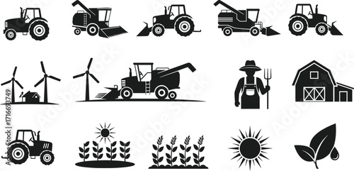 Farm and agriculture silhouette vector set, tractor, barn, farmer, crops, windmill, eco farming, rural countryside, harvest, organic agriculture design