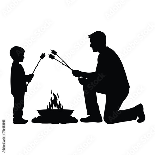 Father and child roasting marshmallows vector