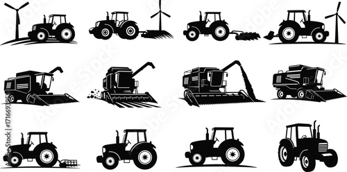 Farm tractor and harvester silhouette, agriculture machinery with wind turbine, farming equipment illustration, rural field work, cultivation, crop harvesting vector
