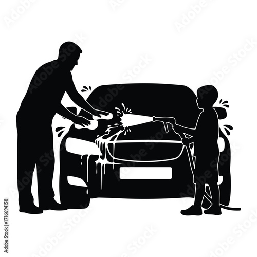 Father and child washing car water