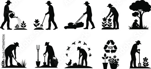 Gardening silhouette, eco garden, man gardening, planting, watering plants, digging, lawn mowing, flowers, sustainability, nature care