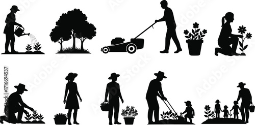 Gardening silhouettes, watering plants, lawn mowing, planting flowers, outdoor gardening, family gardening, garden tools, tree silhouettes, garden plants
