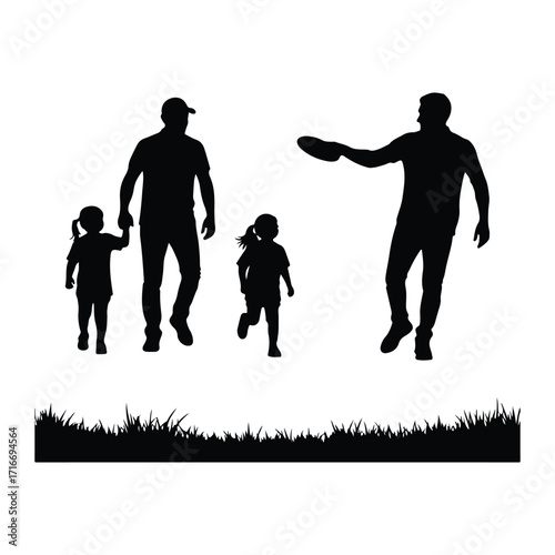 Father and children playing frisbee silhouette