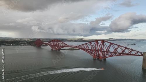 Forth Bridge from a drone, Queensferry Crossing, Forth Estuary, Scotland