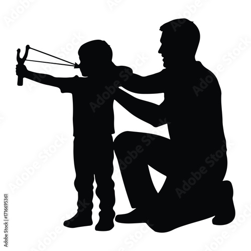 Father and son aiming slingshot silhouette child
