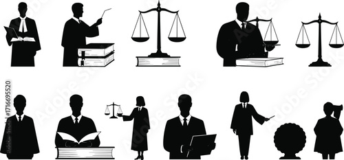 Law and justice silhouettes, legal professional icons, balanced scales, lawyer judge symbols, courtroom education, legal books, justice system, academic law illustration